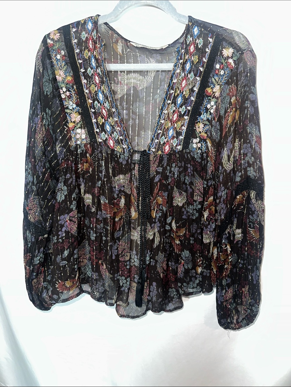Zara Black Sheer Floral Embroidered V-Neck Blouse with tie front